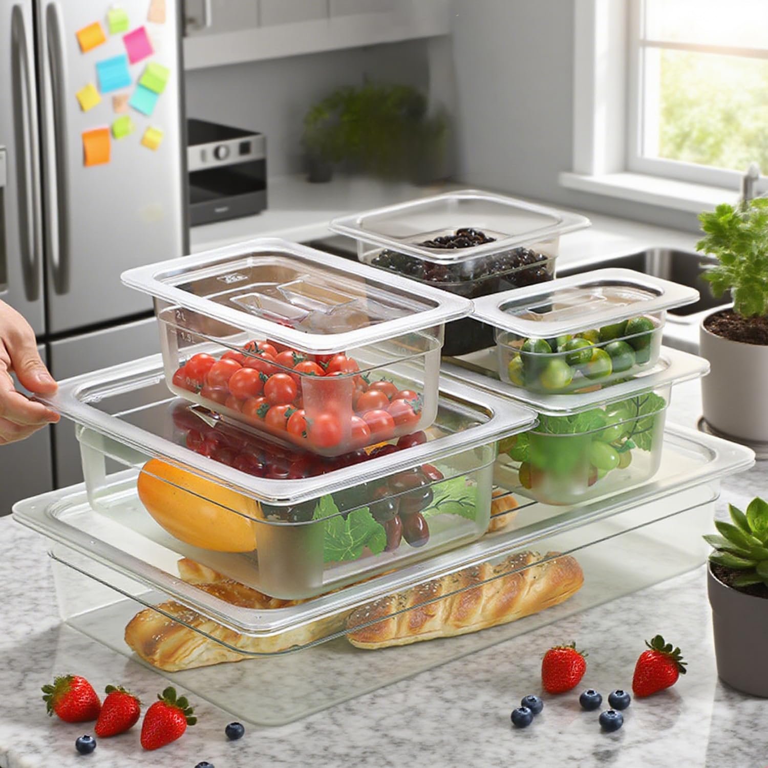 CTJ 6 Pack NSF Food Pans with Lids 1/6 Size, 6'' Deep Commercial Clear Plastic Food Storage Containers Stackable Polycarbonate Hotel Pans for Kitchen Restaurant Food Prep, Freezer-Safe