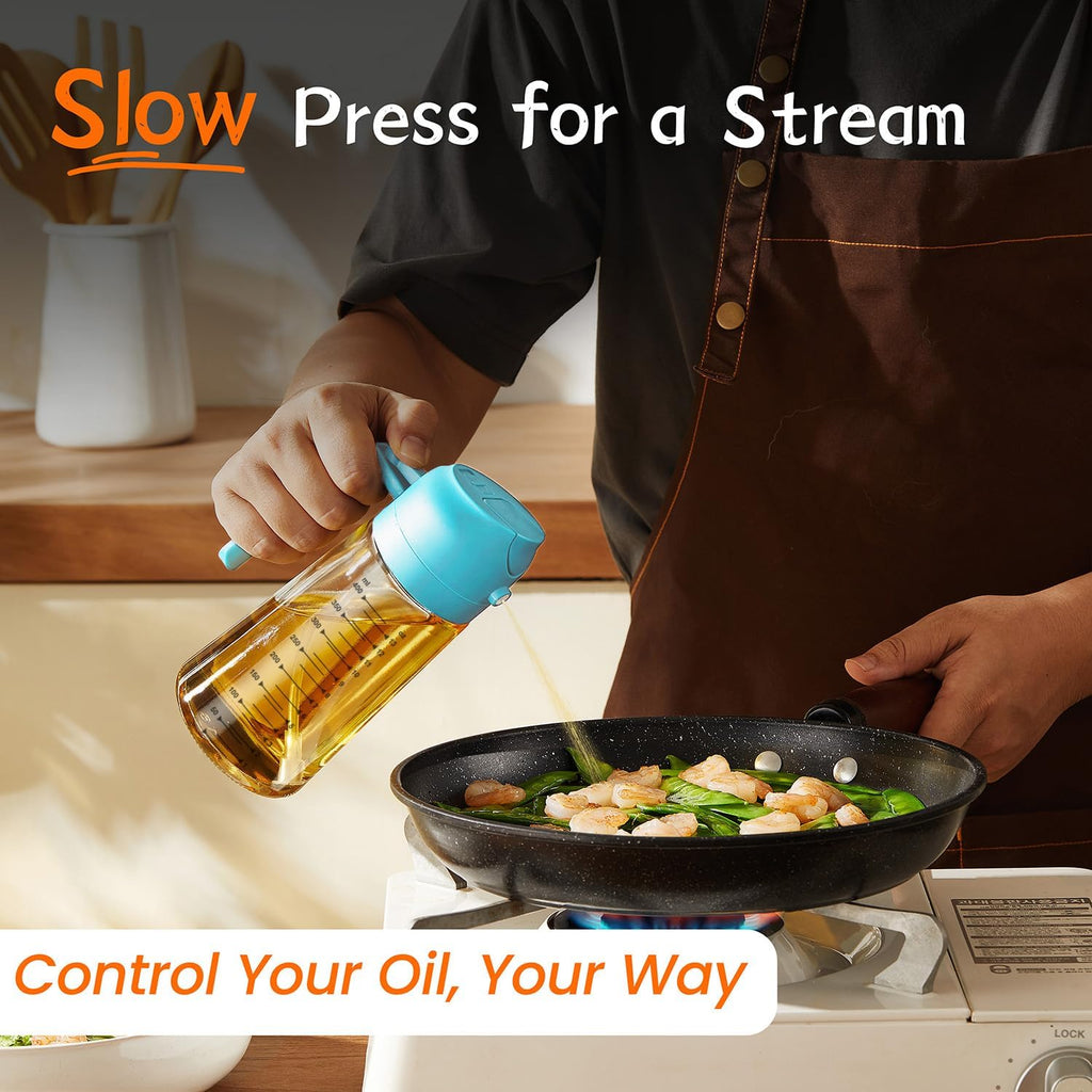 TrendPlain 16oz Glass Olive Oil Sprayer - 2-in-1 Dispenser Bottle for Cooking & BBQ - Sky Blue