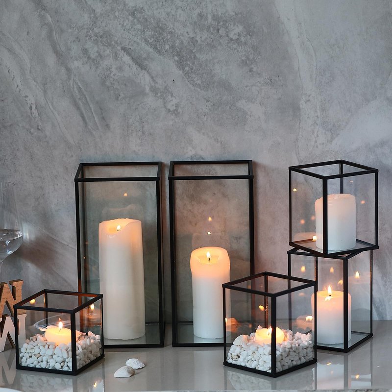Phosphor 6 PCS Glass Hurricane Candle Holder, Black Glass Candle Holder for Wedding Party Christmas Or Home Decor