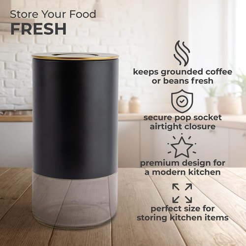 Kaffe Glass Coffee Canister (12oz) w/Airtight Lid - Click to Release Seal - BPA Free Glass & Stainless Steel - Elegant Kitchen Storage Container for Coffee, Nuts, Rice, Flour, Sugar, Tea, Cereal
