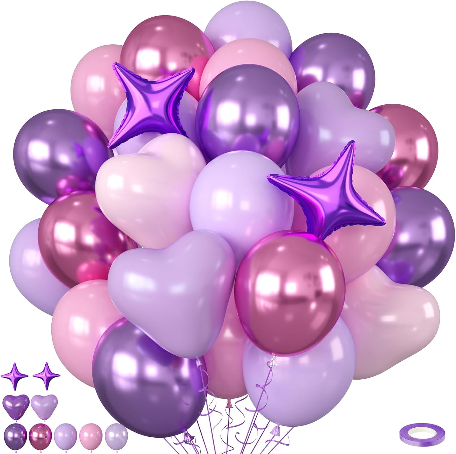 Skiennix 50pcs Pink & Purple Balloons - Macaron Heart Latex & Foil Star Balloons for Birthday & Baby Shower Decor