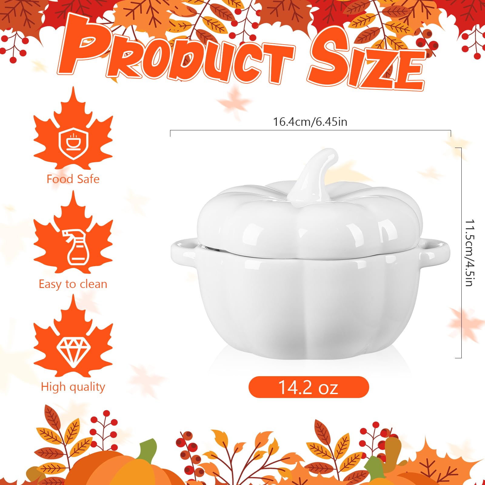 Hushee 2 Pcs Fall Ceramic Pumpkin Soup Bowls with Lid and Handles Thanksgiving Dutch Oven Pot 14 oz Cookware Dish Pot for Thanksgiving Autumn Fall Harvest Party Baking Cooking Supplies(White)