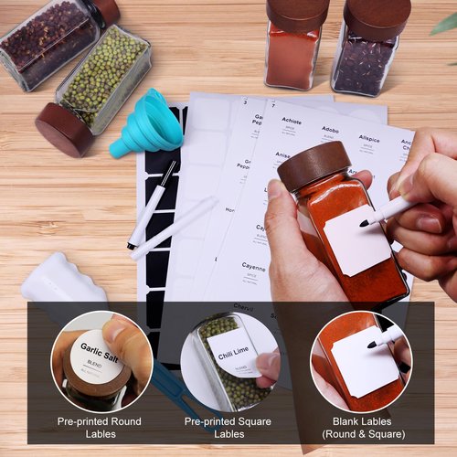 CKCY 16 Pcs Spice Jars, 4oz Seasoning Containers with Acacia Wood Shaker Lids, Glass Spice Bottles with Labels, Square Seasoning Organizer, Kitchen Spice Container