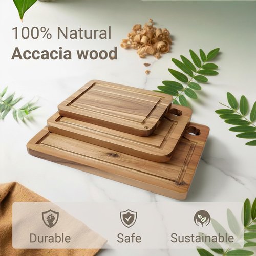 Wooden Cutting Boards for Kitchen Set of 3 Solnawith Holder – Acacia Wood Cutting Board with Juice Groove & Hand Grip – Chopping Boards, Small Wooden Cutting Board, Meat & Vegetable Cutting Board