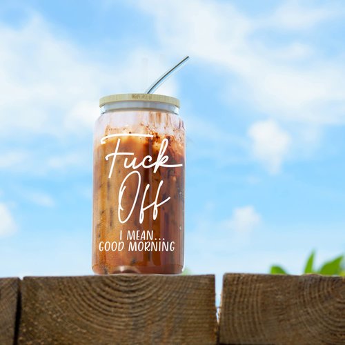 Heather & Willow Set of 2 | 16 oz Iced Coffee Cup with Bamboo Lids + Straws | Mason Jar Cups & Iced Coffee Tumbler with Lid and Straw | Glass Cups for Coffee, Boba Cup | Beer Can Glass & Smoothie Cup