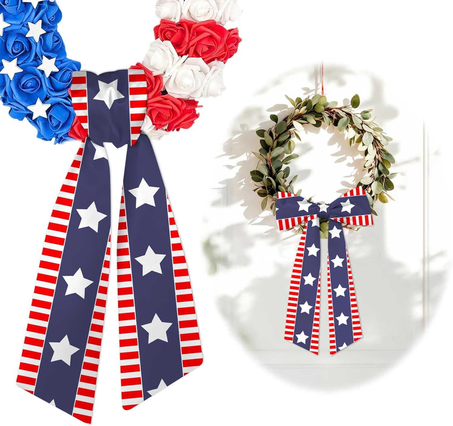 Patriotic 4th of July Wreath Sash - 4.5" x 56" Red & Blue Satin Ribbon with Stars & Stripes
