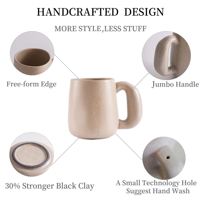 Uaral Large Coffee Mugs Cream Stoneware Mug Set with Jumbo Handle for Cocoa,Milk,Latte or Tea,Handmade Free-Form Edge Design,20oz,Set of 2, (Cream)