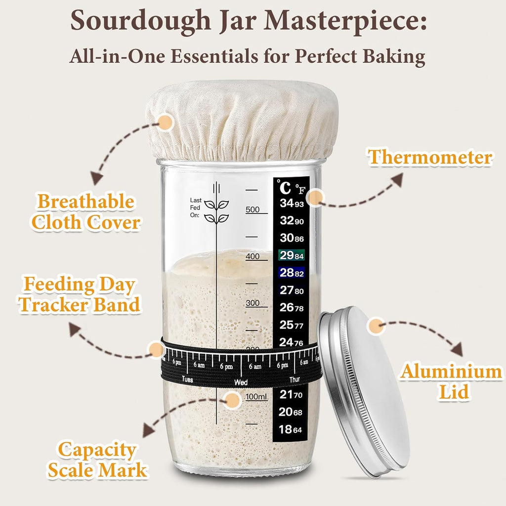 Skiennix Glass Sourdough Starter Jar Set - 24 oz Wide Mouth Kit with Date Marked Band & Thermometer