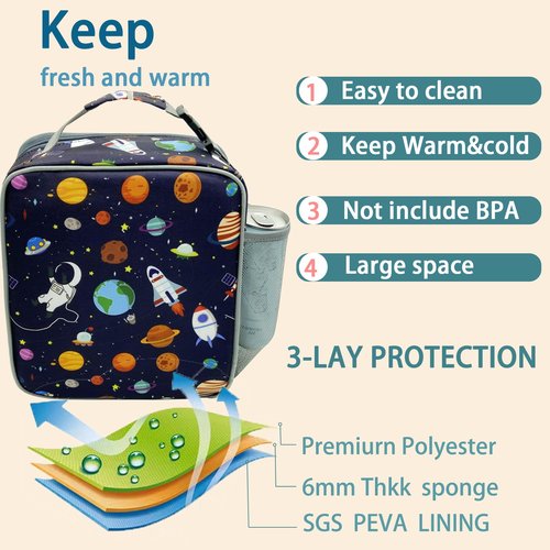 Kulle Astronaut Lunch Box for Boys, Insulated Kids Lunch Bag with Freezable Compartment, Thermal Reusable Lunchbox for School, Outdoor, Daycare - Space Theme Design