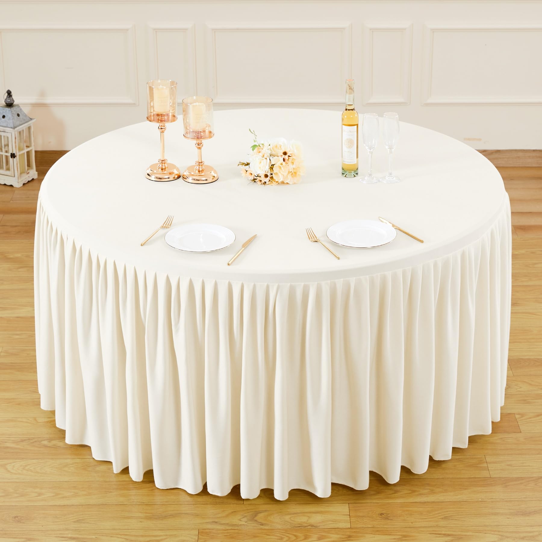 60Inch Ivory Round Tablecloth,4 Pack Wrinkle Resistant 5ft Spandex Tablecloth,Washable Stretchy Polyester Table Cloth Round Cover for Dining Table,Wedding,Reception Banquet, Birthday Party, Buffet