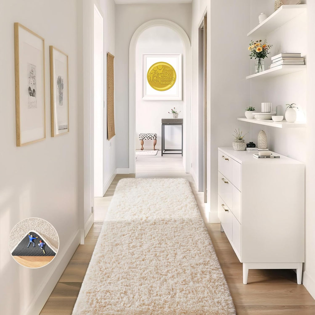 Ophanie Runner Rug - Non-Slip Fluffy Soft Carpet for Hallway | 2x5 Ivory Shaggy Design for Kids & Nursery