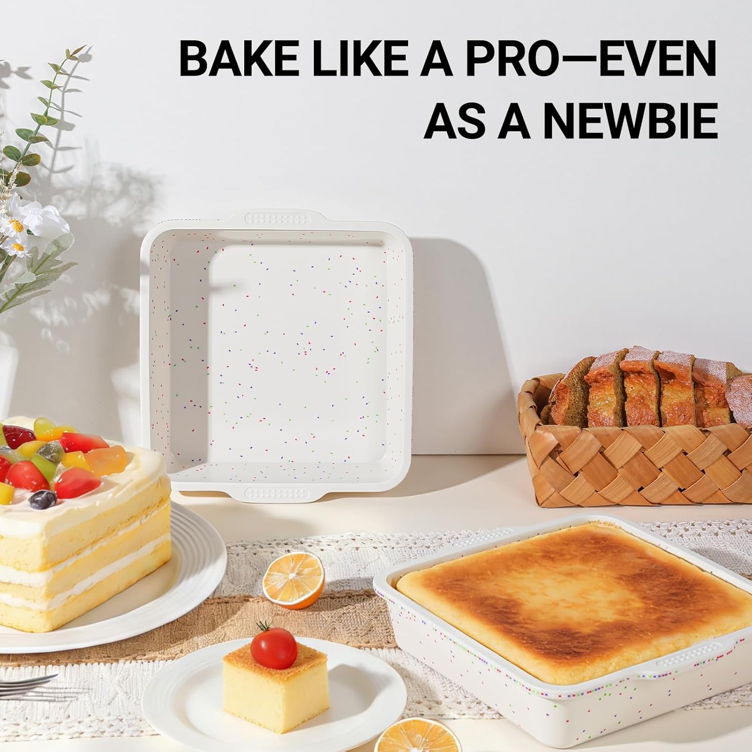 SJ Silicone Square Cake Pan Set - 8 x 8 Inch Nonstick Molds with Metal Reinforced Frame - BPA Free for Cakes, Brownies, and More