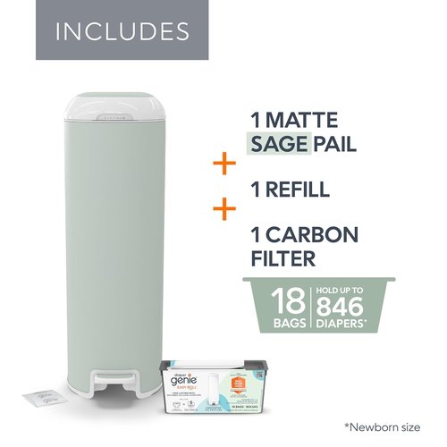 Diaper Genie Platinum Pail - Durable Stainless Steel with 1 Easy Roll Refill | Sage Green, Lasts 5 Months