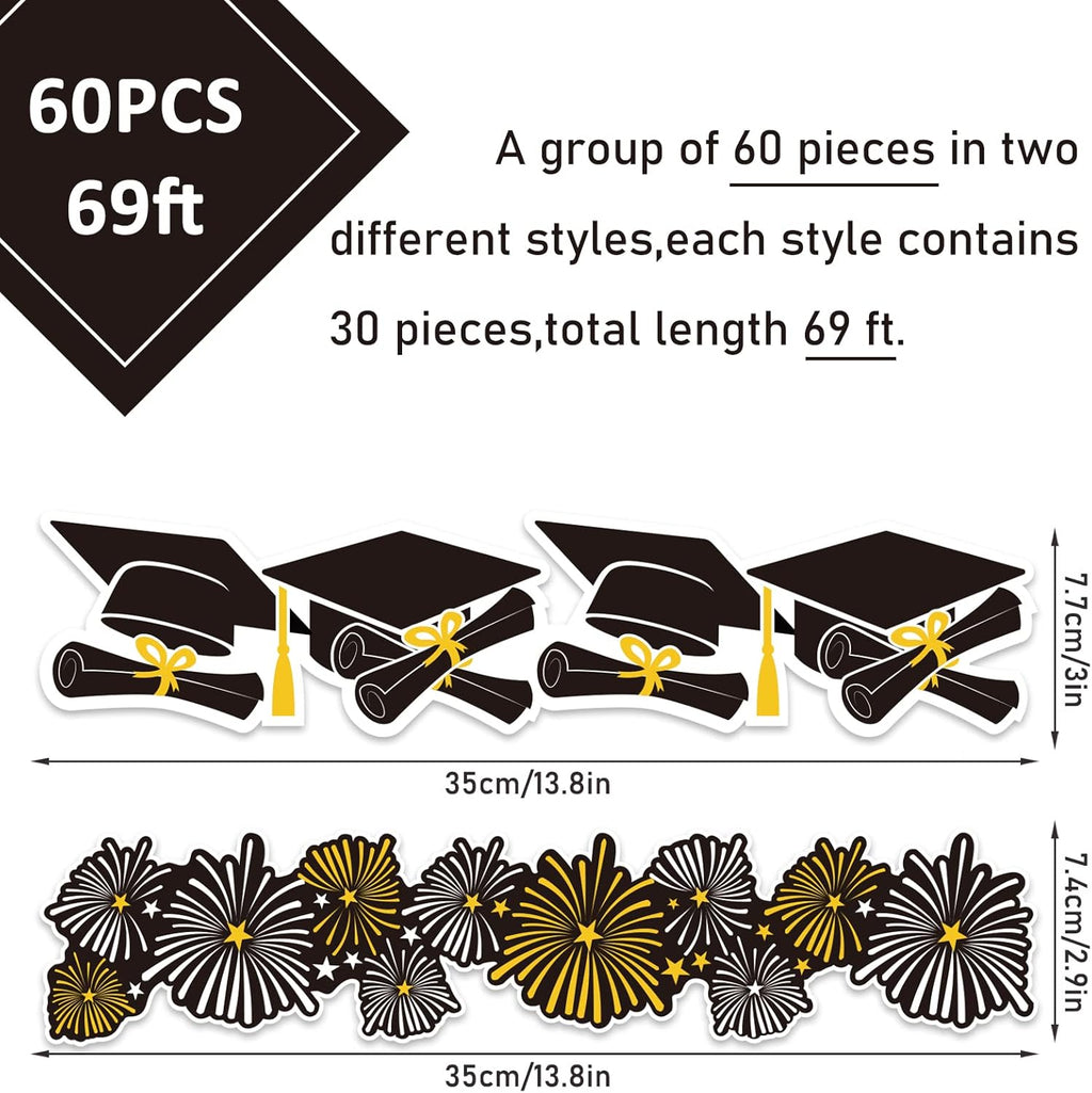 Whaline Graduation Bulletin Board Border - 69Ft Firework & Cap Design in Black, Gold, and White