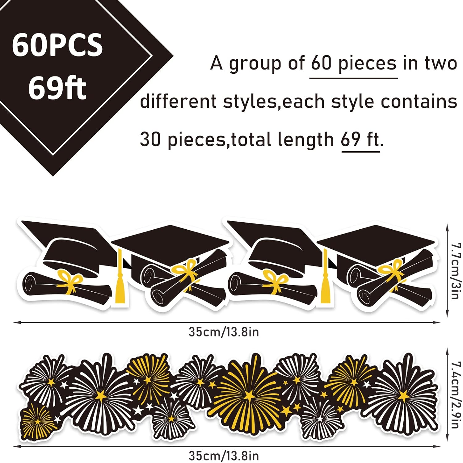 Whaline Graduation Bulletin Board Border - 69Ft Firework & Cap Design in Black, Gold, and White