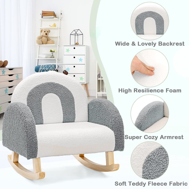 INFANS Kids Sofa, Toddler Rocking Chair with Solid Wooden Frame, Anti-Tipping Design, Plush Fabric, Children Armchair for Nursery Kindergarten Playroom Preschool, Gift for Boys Girls (Grey)