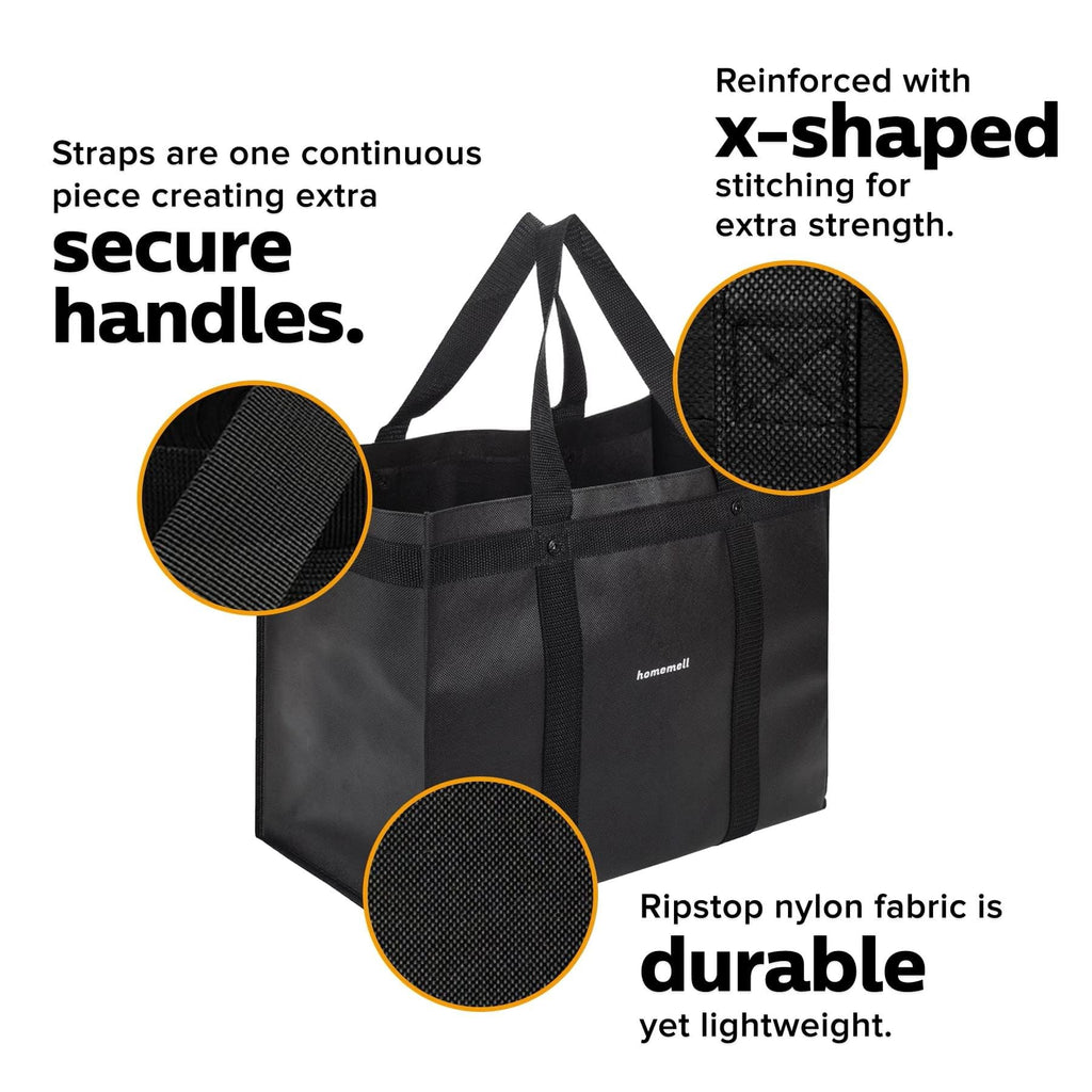 Homemell Heavy Duty Reusable Grocery Bags, Large Collapsible Tote Bag Holds 100 LBS, Extra-Strength Premium Material (Black, 6-Pack)