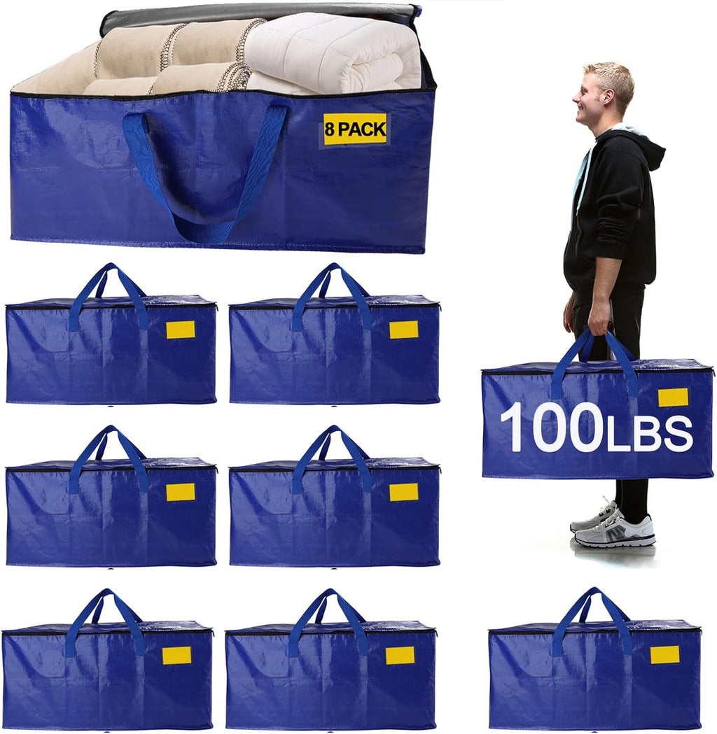 Skiennix 8-Pack Waterproof Moving Bags - Heavy Duty 100lb Capacity Totes for Packing & Storage | 95L, Blue