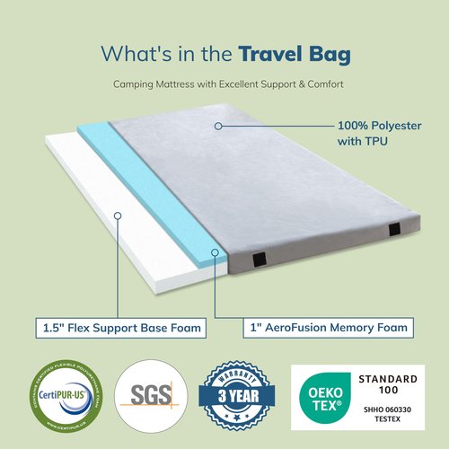 EGO Roll up Single Small Mattress Memory Foam CertiPUR-US Certified, Roll Up Floor Mattress Mat for Camping, Sleeping Pad, Portable with Travel Bag