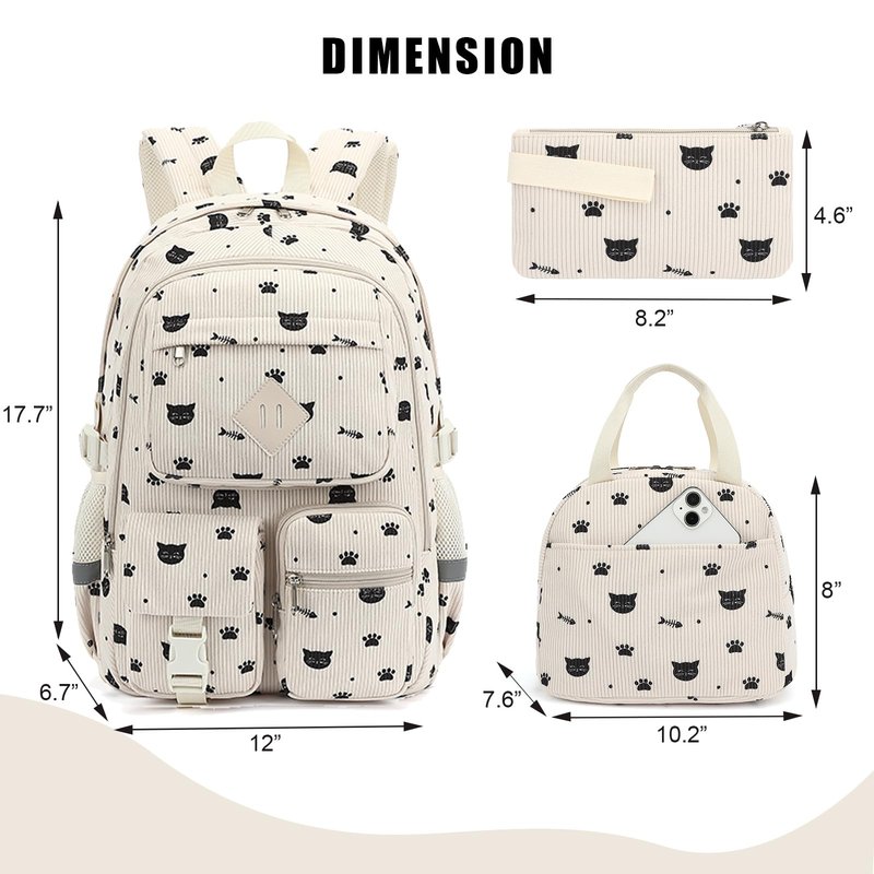 Xunteny Corduroy School Backpack for Girls Boys, Kids Teens School Bookbags Schoolbag Set with Lunch Box Pencil Bag (Cat)