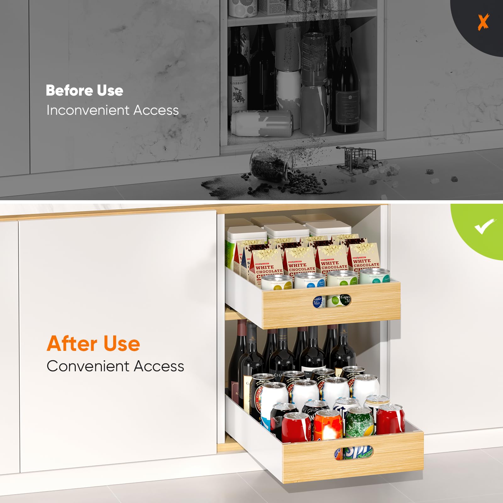 POKIPO Pull Out Drawer for Cabinet, Metal Slide Out Shelf Fixed with Adhesive Nano Film, 1 PCS Multi-Purpose Cabinet Organizer for Kitchen, Pantry and Office, X-Large