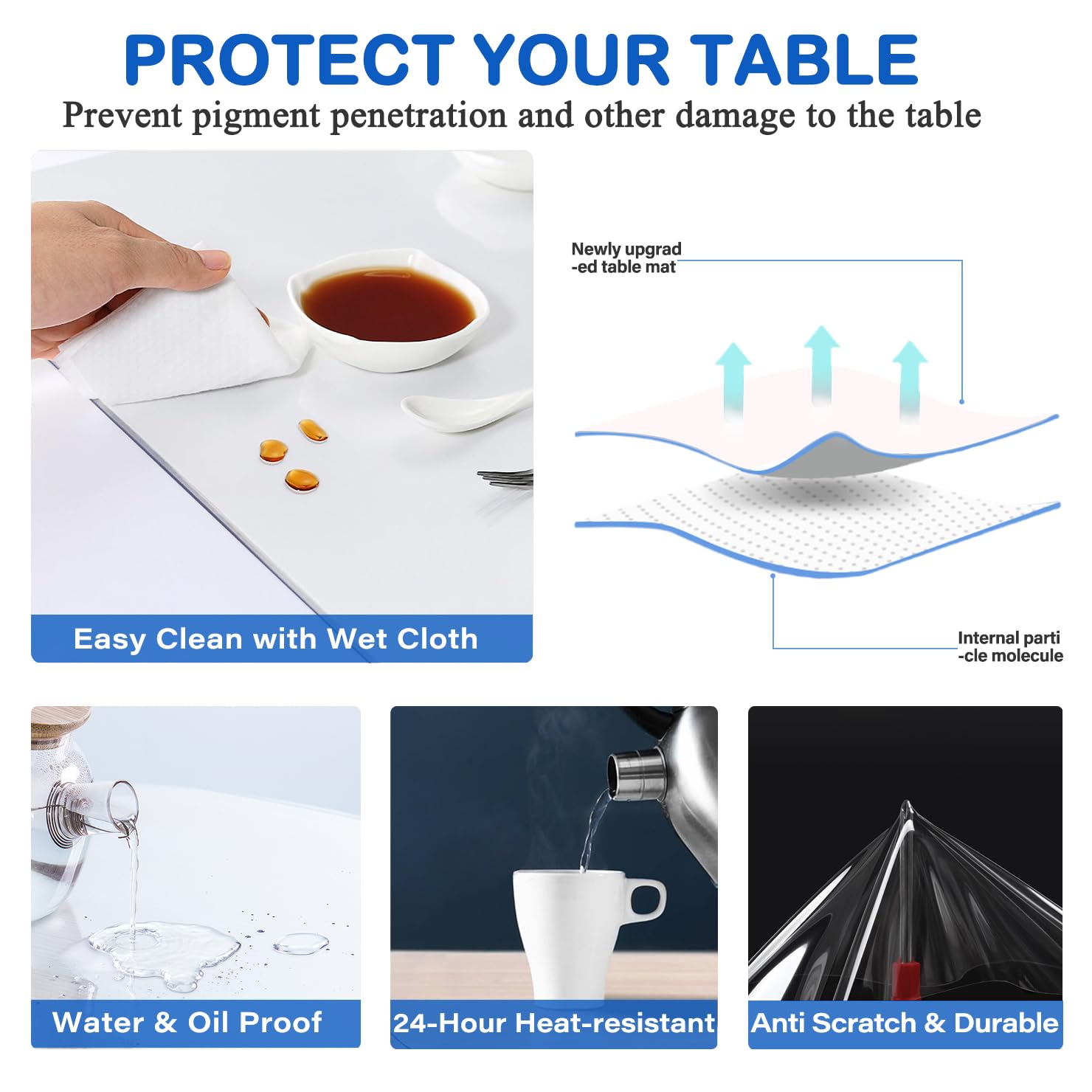WanDeela 42 x 68 Inch Clear PVC Table Cover Protector - 1.5mm Thick Custom Plastic Desk Pad - Waterproof Vinyl Table Top Protector Mat