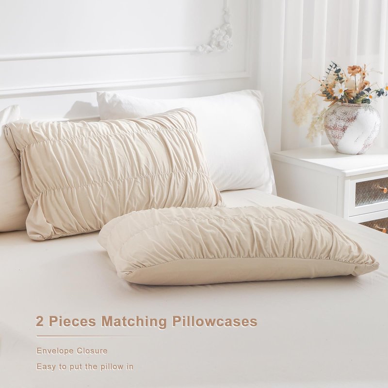 Masaca Queen Comforter Set,Ruched Ruffle Comforter Set Queen,3 Pieces Ultra Soft Lightweight Farmhouse Shabby Boho Chic Bedding (1 Wheat Comforter+2 Pillow Shams)