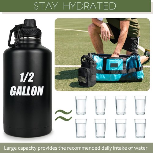 DEFUNX 64 Oz Water Bottle with Sleeve - Half Gallon Big Insulated Water Jug with Strap Stainless Steel Gym Water Bottles for Men Sports Workout Hiking All Black