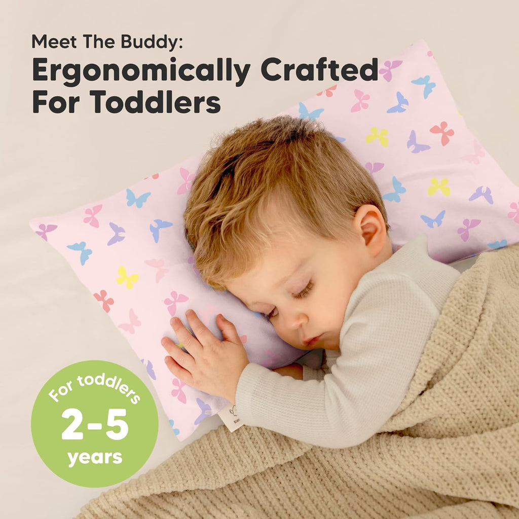 My Little Dreamy Toddler Pillow - Organic Cotton Travel Pillow with Soft Pillowcase | 10x18, Machine Washable, Ideal for Ages 2-5 (Flutter)