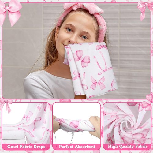 FuWeave Pink Bow Shower Curtain Set - 8 Pcs Cute Coquette Bathroom Decor with Towels & Rugs