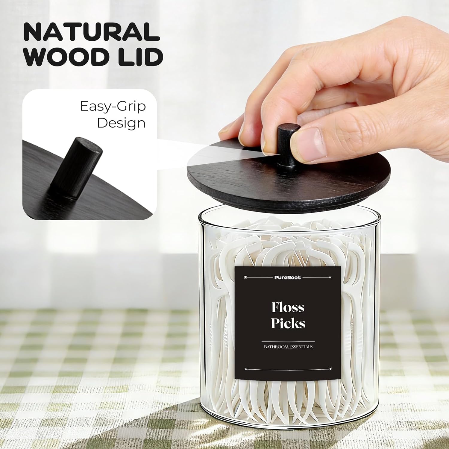 Skiennix Glass Qtip Holder Dispenser Set | 15oz & 10oz Cotton Swab Organizers with Black Wooden Lids
