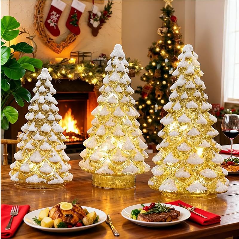 3PCS Christmas Ornaments Set,Tower Shaped Glass Xmas Tree, Mercury