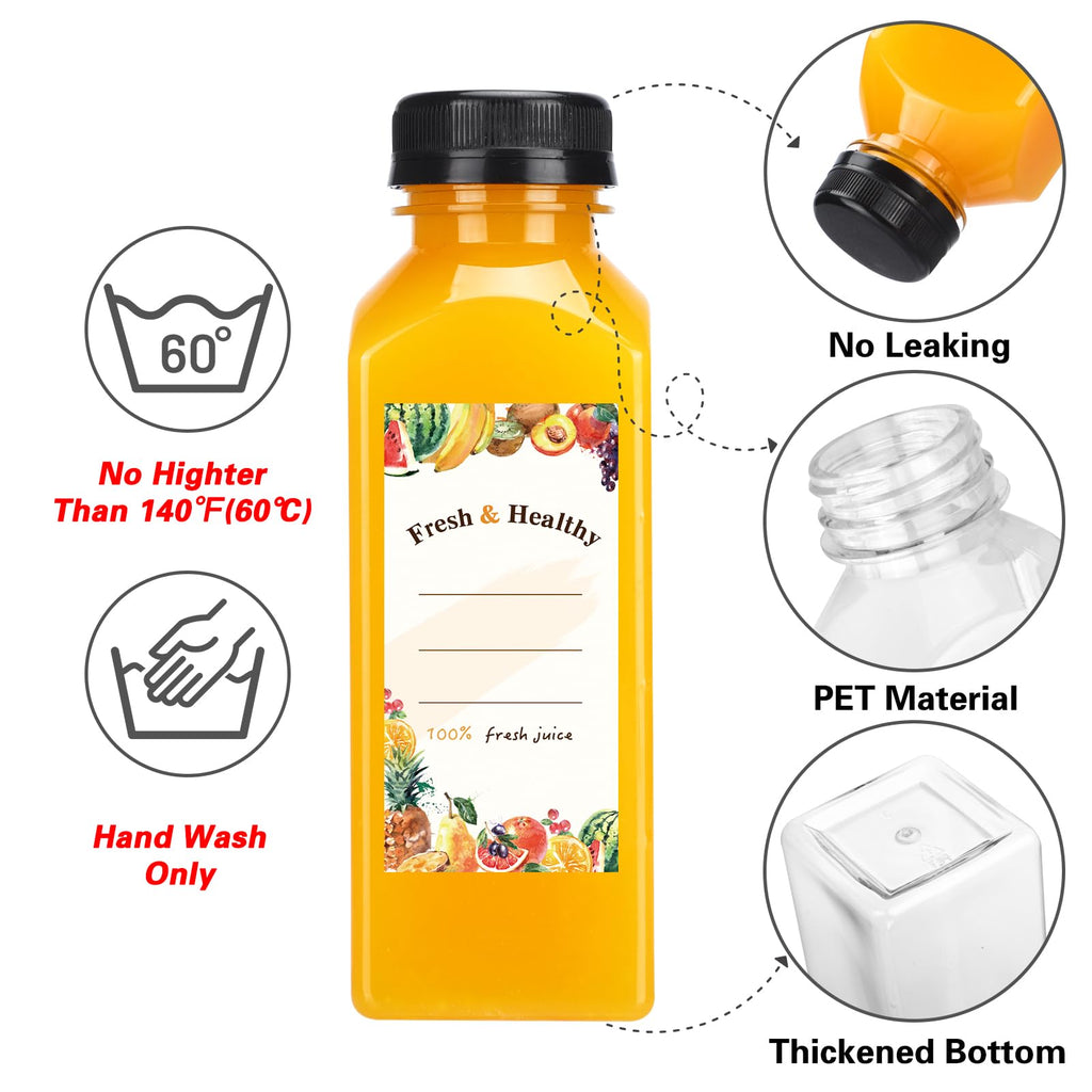 Moretoes 12pcs 12oz Plastic Juice Bottles with Caps, Clear Reusable Juicing Bottles, Empty Drink Containers with Lids for Juicing Smoothies and Other Beverages