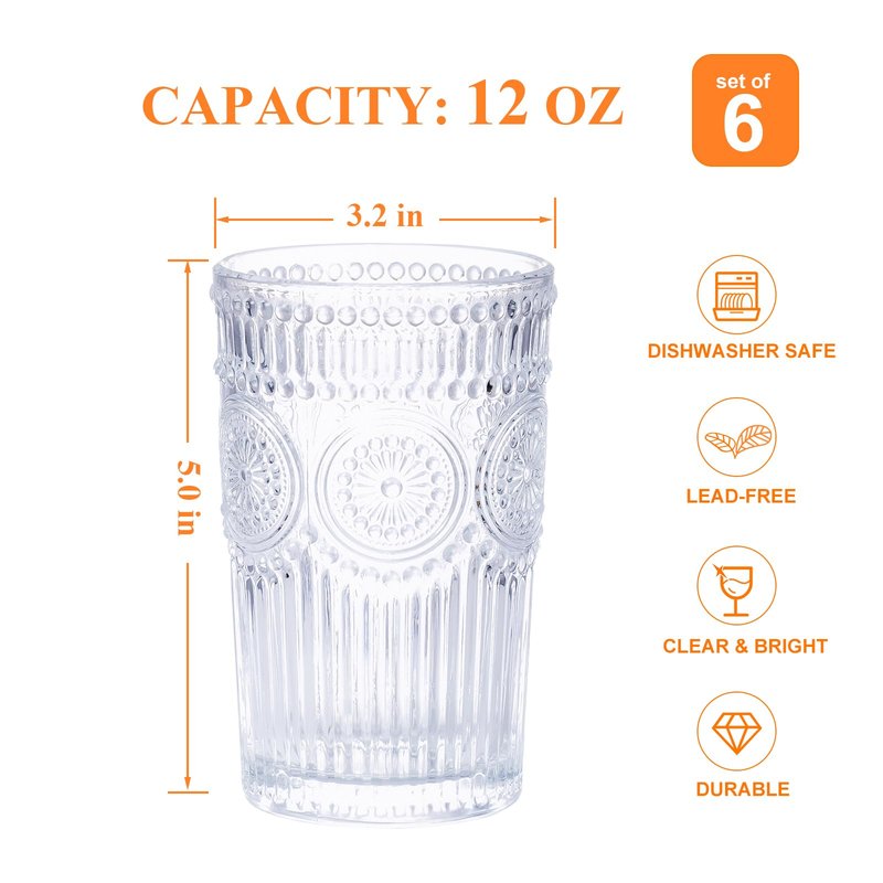 Vintage Glassware Romantic Drinking Glasses - 12 oz Cocktail Glasses Set of 6 Embossed Water Glasses Drinking Perfect Glass Cups for Coffee, Cocktails, and Beverages Dishwasher Safe Ideal Gifts