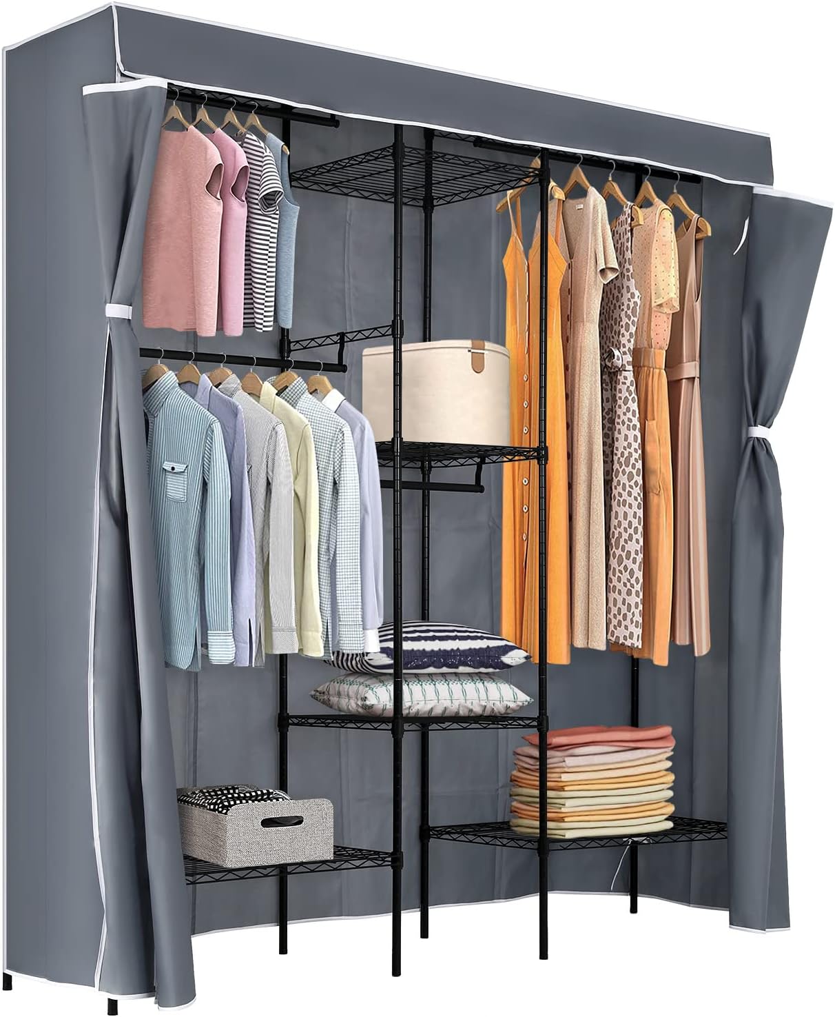 PayLessHere Adjustable Metal Garment Rack - Portable Clothing Rack with 4 Hanger Rods & 7 Shelves, Black