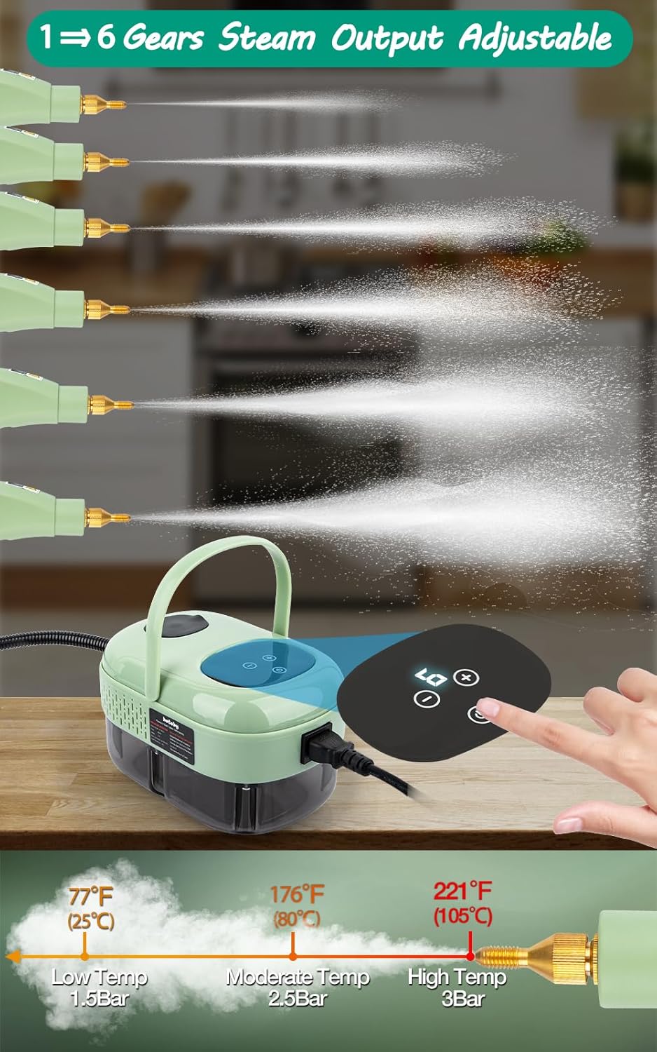 Skiennix Steam Cleaner - 2500W High Pressure Handheld Steamer with 6 Adjustable Gears | Portable Cleaning Machine for Home, Kitchen, Bathroom, and Car Detailing (Green)