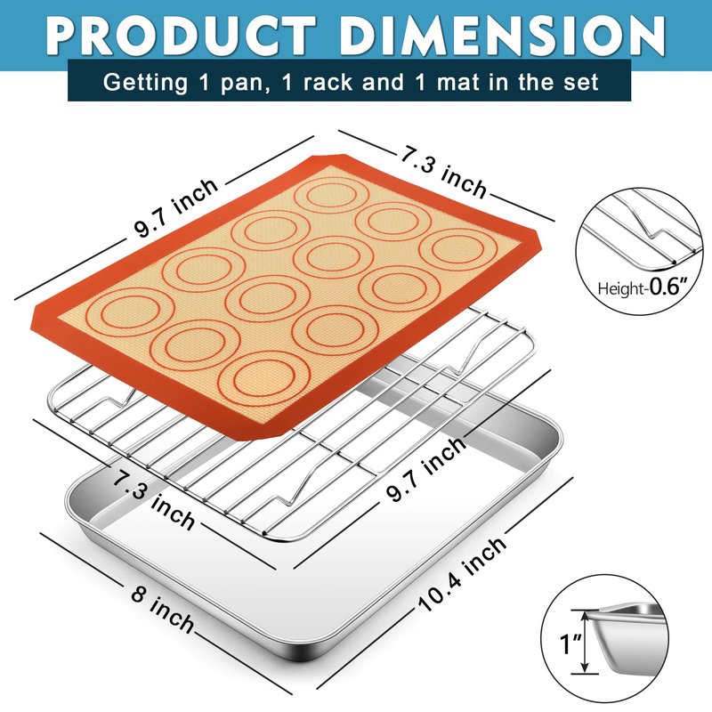 P&P CHEF 10.4 Inch Baking Oven Sheet Pan with Rack & Mat for Cookie, Stainless Steel Oven Sheet Tray Cooling Rack and Silicone Mat for Baking & Roasting, Dishwasher Safe & Healthy, 3Pcs