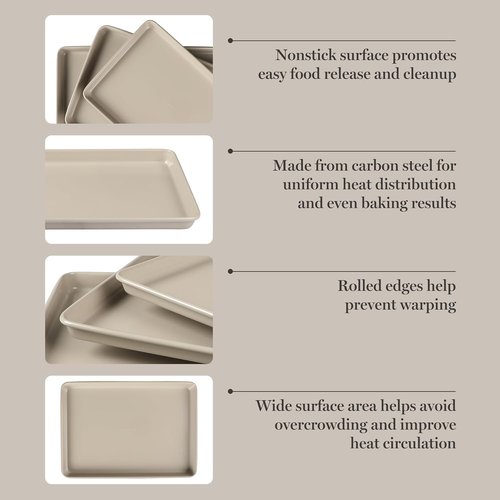 Martha Stewart Gallen 3-Piece Cookie Sheet Set - Nonstick Ceramic Baking Pans, Oven Safe to 450°F, Taupe