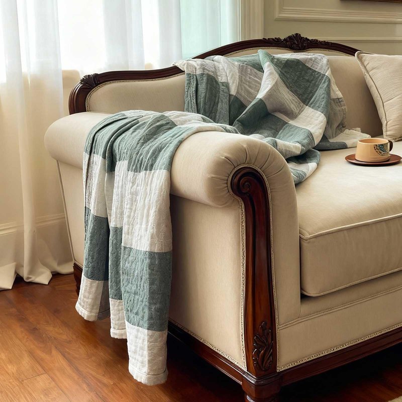 youlanhome Checkered Throw Blanket, Soft Cozy Reversible 4 Layer Pre-Washed Cotton Blankets Lightweight Breathable Queen Throw Blanket BOR All Season,Green Checkered, 60" X 80"