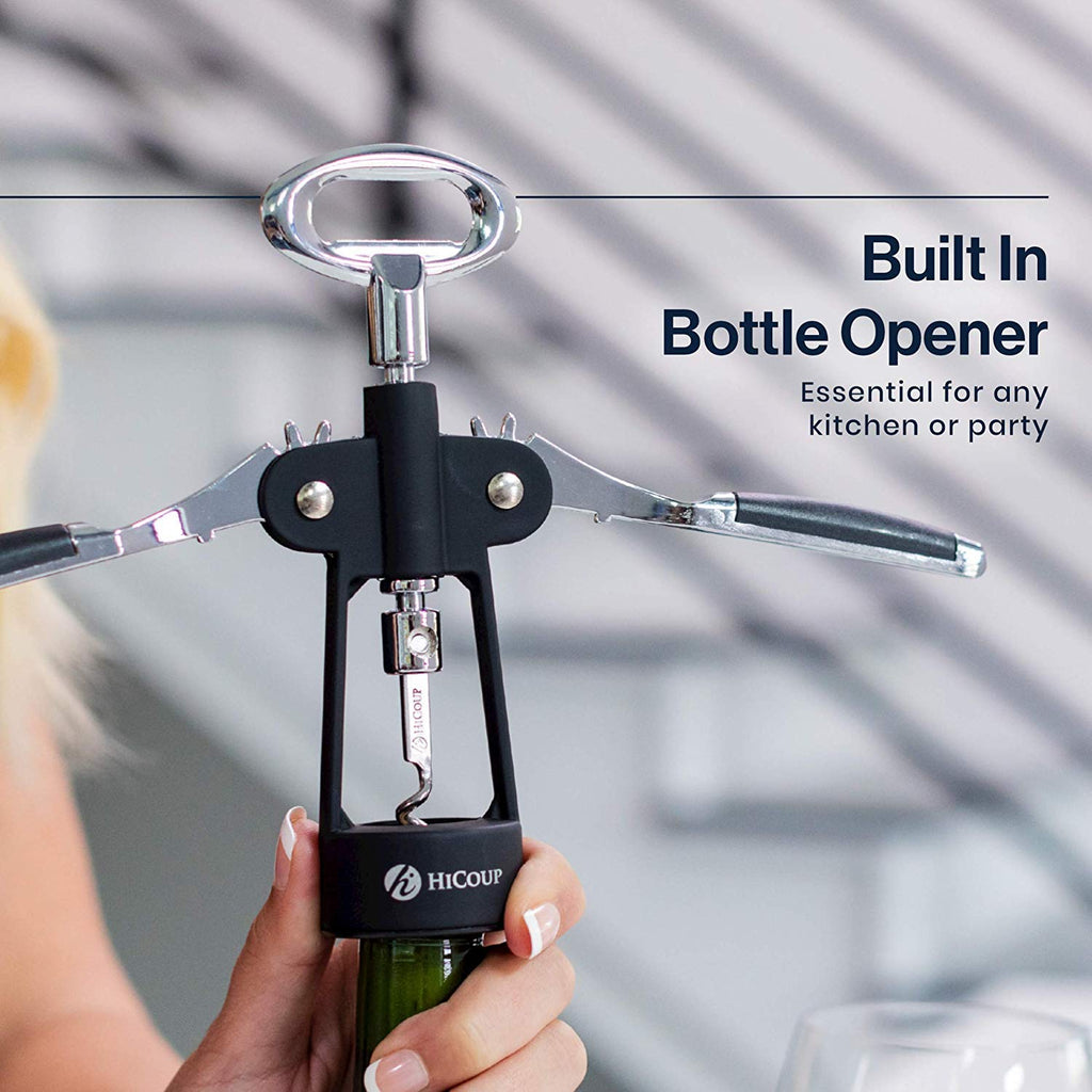 HiCoup Corkscrew Wine Opener - Ergonomic, Double Winged Beer and Wine Bottle Openers - Easy to Use, Stainless-Steel Corkscrews with Stopper & Gift Box - Kitchen Accessories - Matte Black