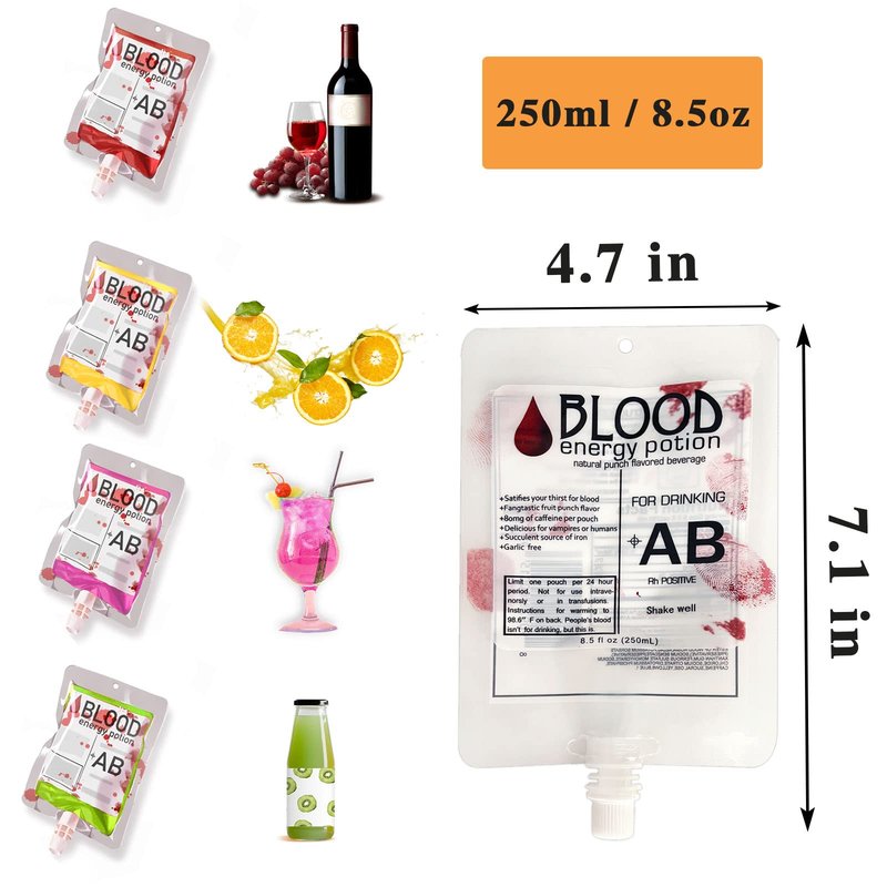 40 Pcs Halloween Blood Bags for Drinks,8.5oz Reusable Decoration Drink Container with Funnel,IV Bags for Vampire Zombie Costumes,Theme Party Props,Favors