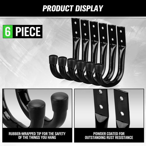 Heavy Duty Garage Storage Hooks - 6-Piece Bike Wall Mount J Hook Set for Organizing Tools & Cords