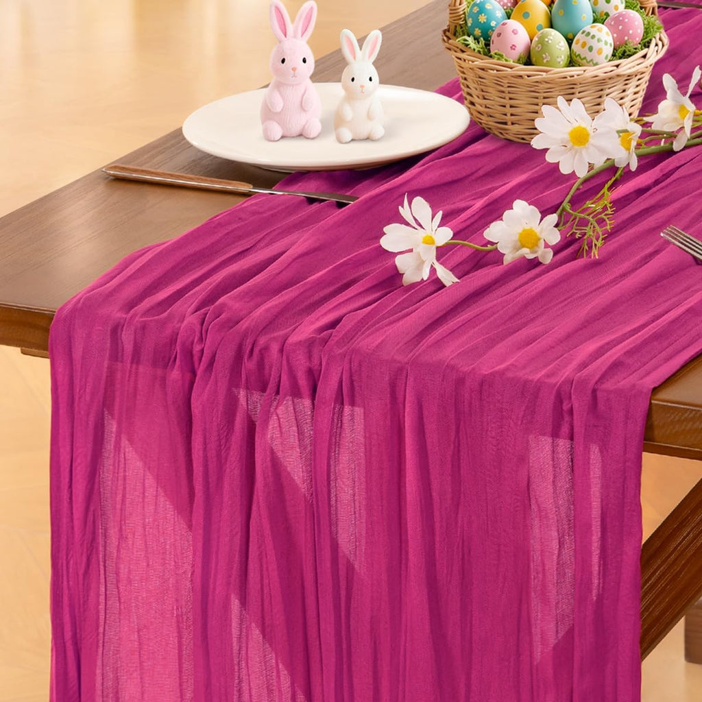 Socomi Cheesecloth Table Runner - Hot Pink Fuchsia Boho Rustic Design | 120 Inch for Weddings & Events