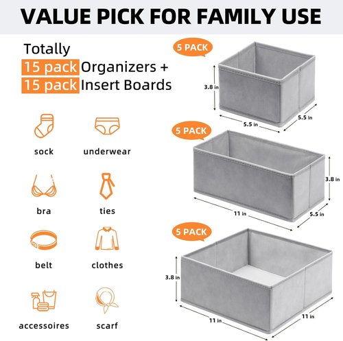 Criusia Drawer Organizers - 15 Pack Foldable Fabric Storage Bins for Clothing & Baby Clothes | Grey