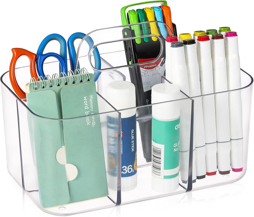 Multiuse Caddy Organizer by [Brand Name] - Portable Plastic Tote Bin for Art, Makeup & Office Supplies - Clear