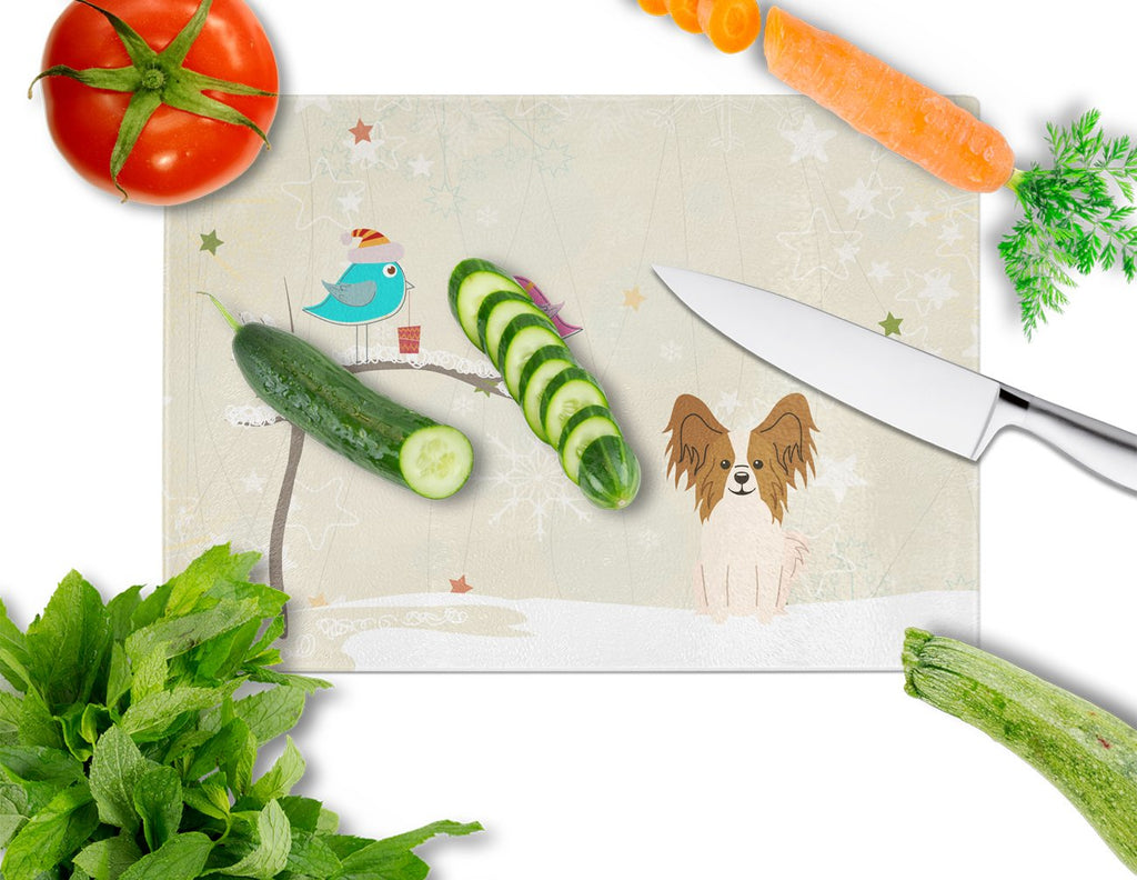 Caroline's Treasures BB2550LCB Christmas Presents between Friends Papillon Glass Cutting Board Large Decorative Tempered Glass Kitchen Cutting and Serving Board Large Size Chopping Board