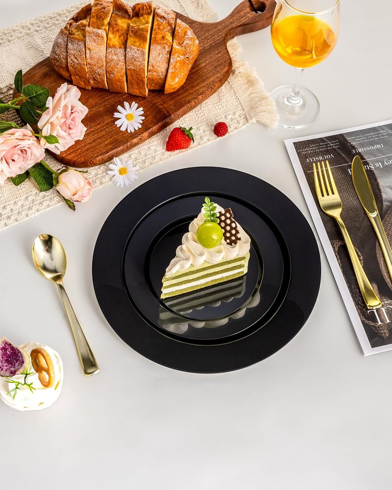 BESTVIP 200PCS Black Plastic Plates, Disposable Party Plates with 100 Dinner Plates and 100 Dessert Plates, Plastic Plates for Party, Wedding, Birthday (Black, 200PCS)