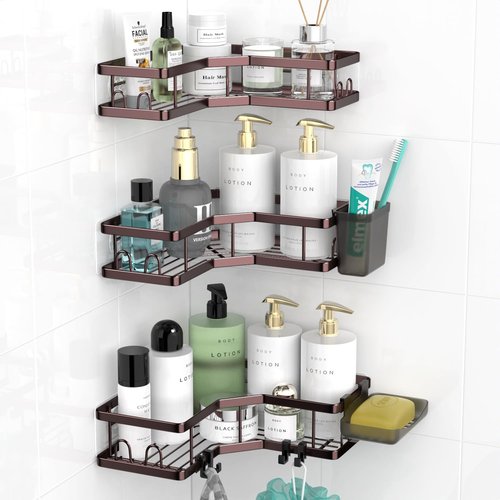 AKTECKE Corner Shower Caddy Organizer - Adhesive No-Drill Rack for Bathtub - 3-Pack Rustproof Shelves