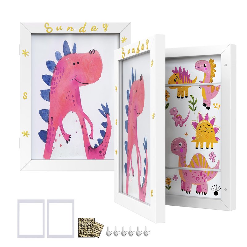 SONGMICS Kids Artwork Frames Changeable, Set of 2, A4, 8.5x11 Art Picture Frame Display for Room Decor, Each Storage up to 150 Drawings, with Mats, Stickers, Non-Trace Nails, Matte White URPF052W02