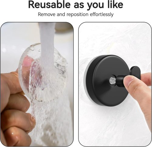 Loofah Hooks - Suction Cup Shower Hooks for Bathroom & Kitchen | Removable Towel & Coat Holder, Black 2 Pack